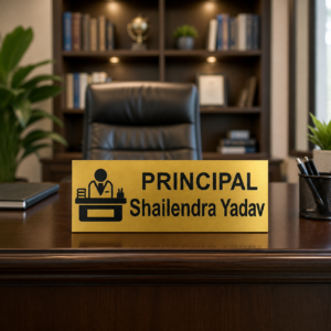 Personalised Principal Name Plate | Golden Finish Office Desk & Door Nameplate with Custom Name and Design